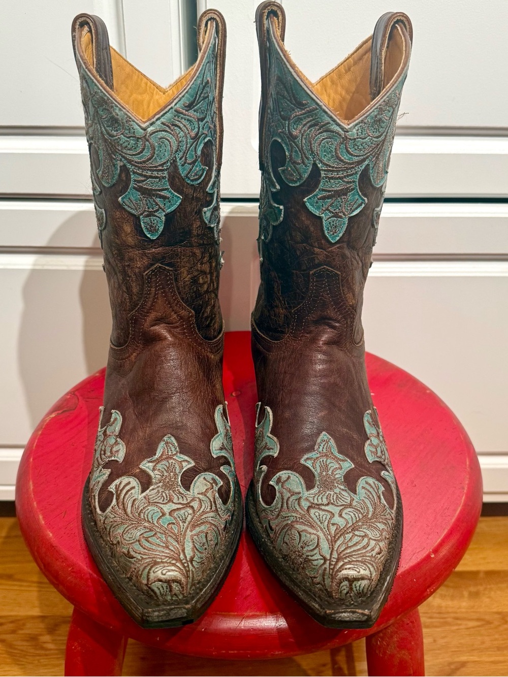 Old Gringo Brown Leather Boots with Turquoise & Brown Embroidery Accents 8.5 - Picture 2 of 15